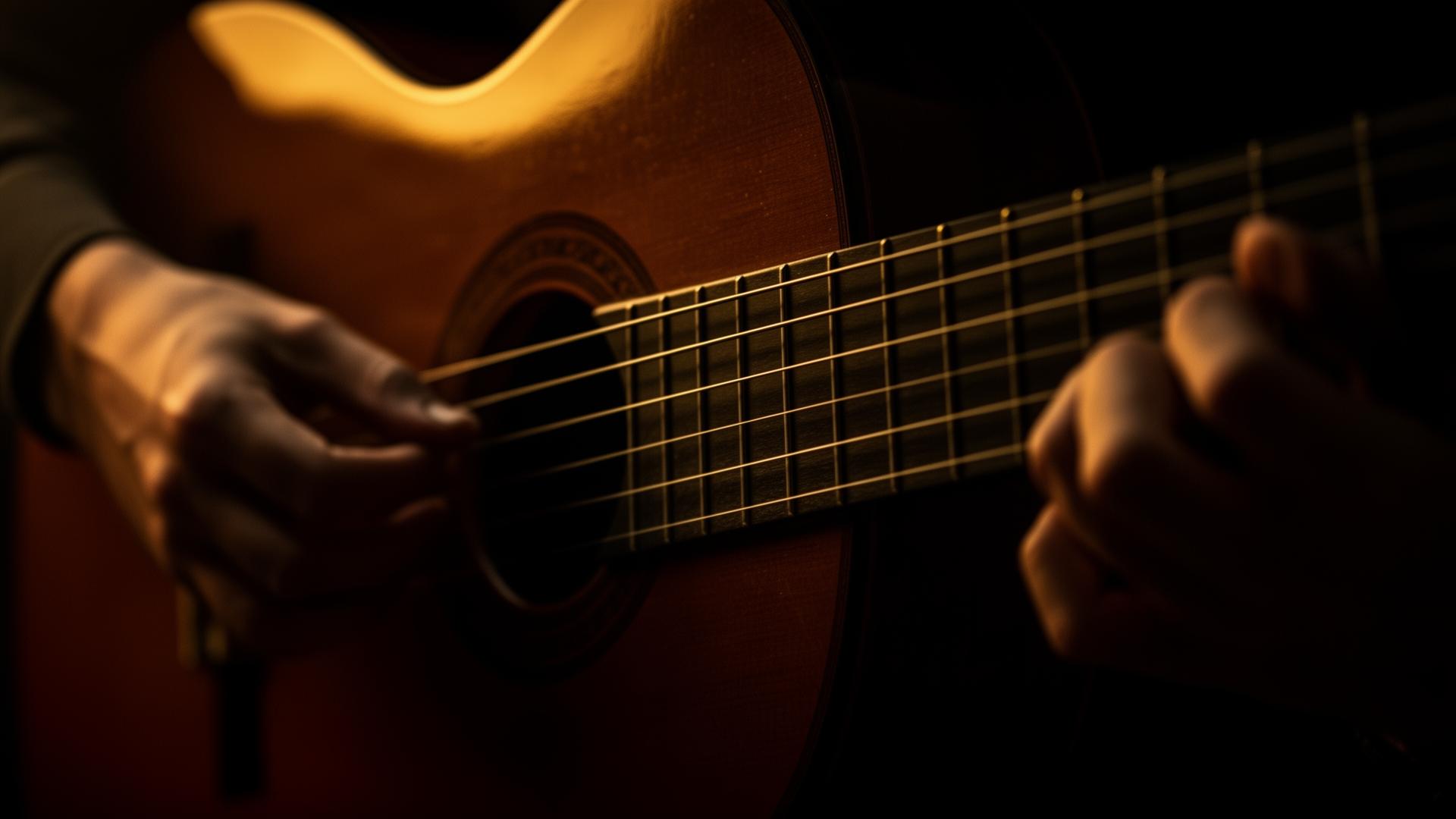 Hands on the classical guitar fretboard