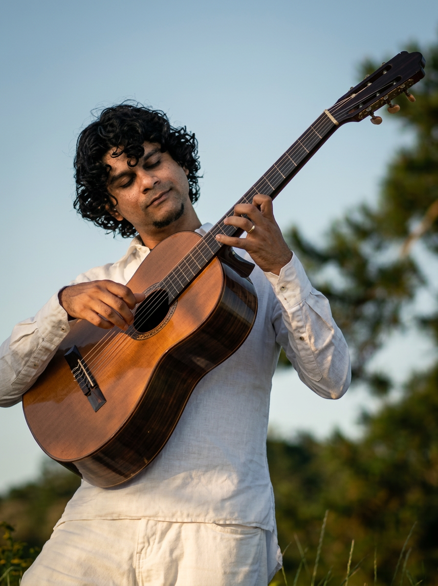 Stefan Roach playing classical guitar outdoors at golden hour
