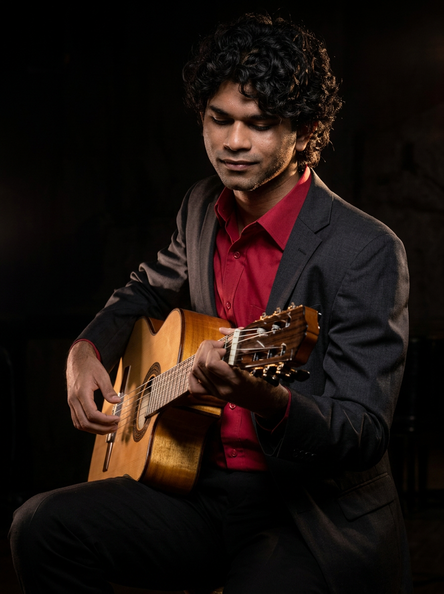 Portrait of Stefan Roach playing classical guitar